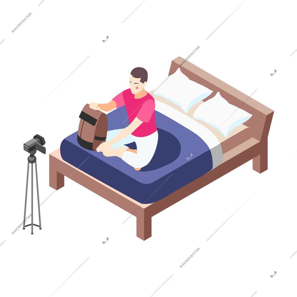 Isometric character of vlogger sitting on bed and creating new video 3d vector illustration