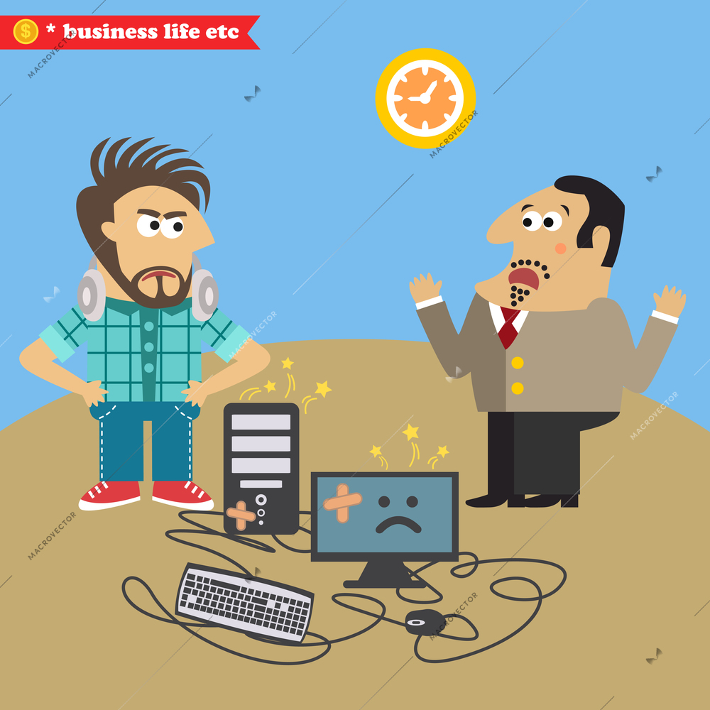 Business life. Boss broke his computer and displeased IT geek vector illustration