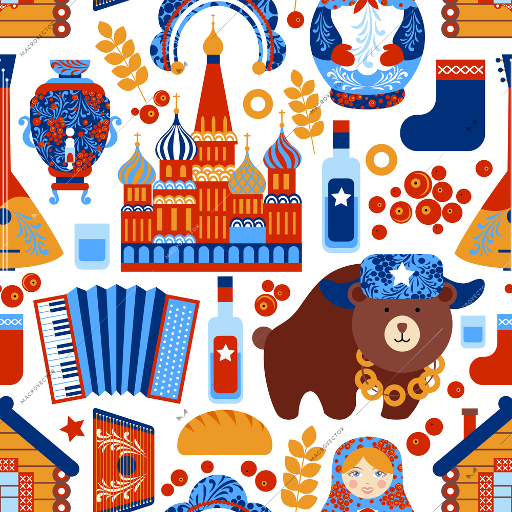 Russia travel food alcohol architecture seamless pattern vector illustration