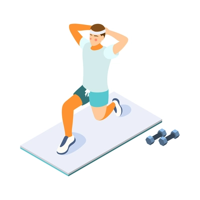 Isometric man doing fitness on mat vector illustration
