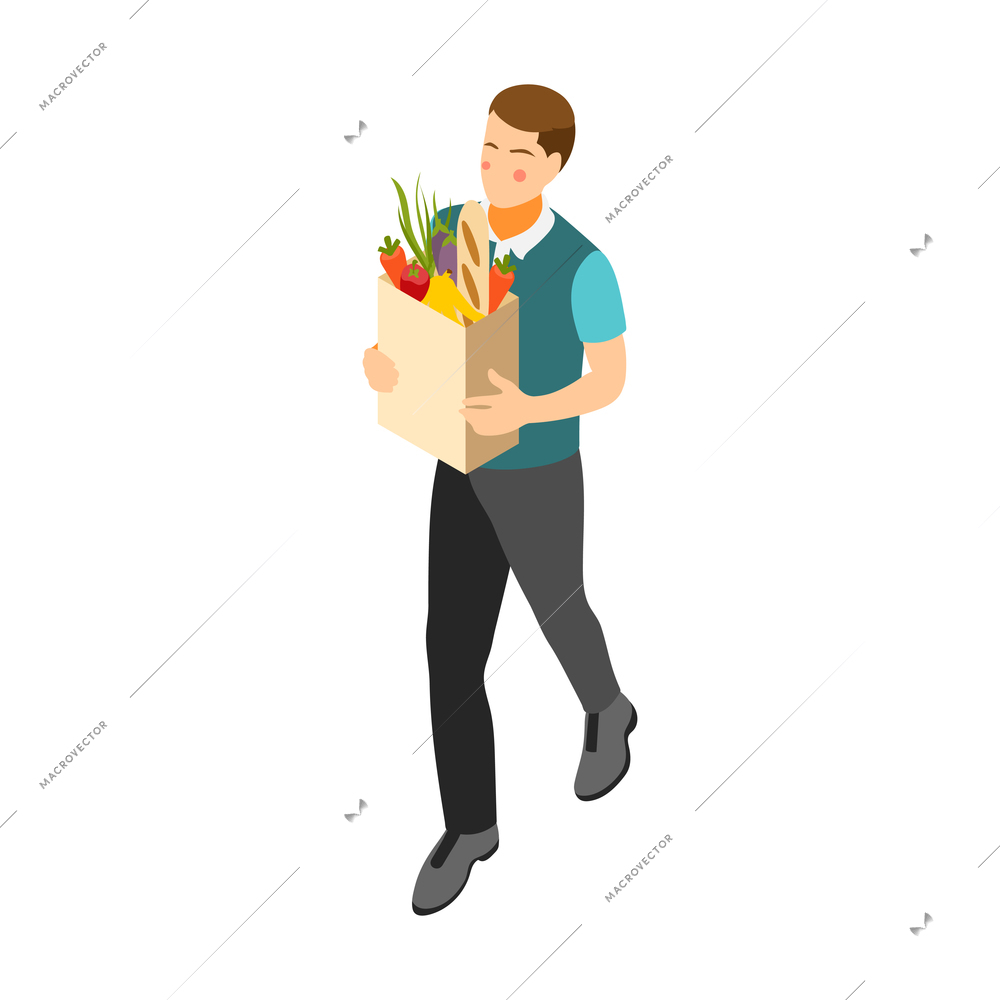 Isometric daily routine icon with man carrying paper bag with food 3d vector illustration