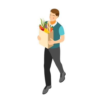 Isometric daily routine icon with man carrying paper bag with food 3d vector illustration