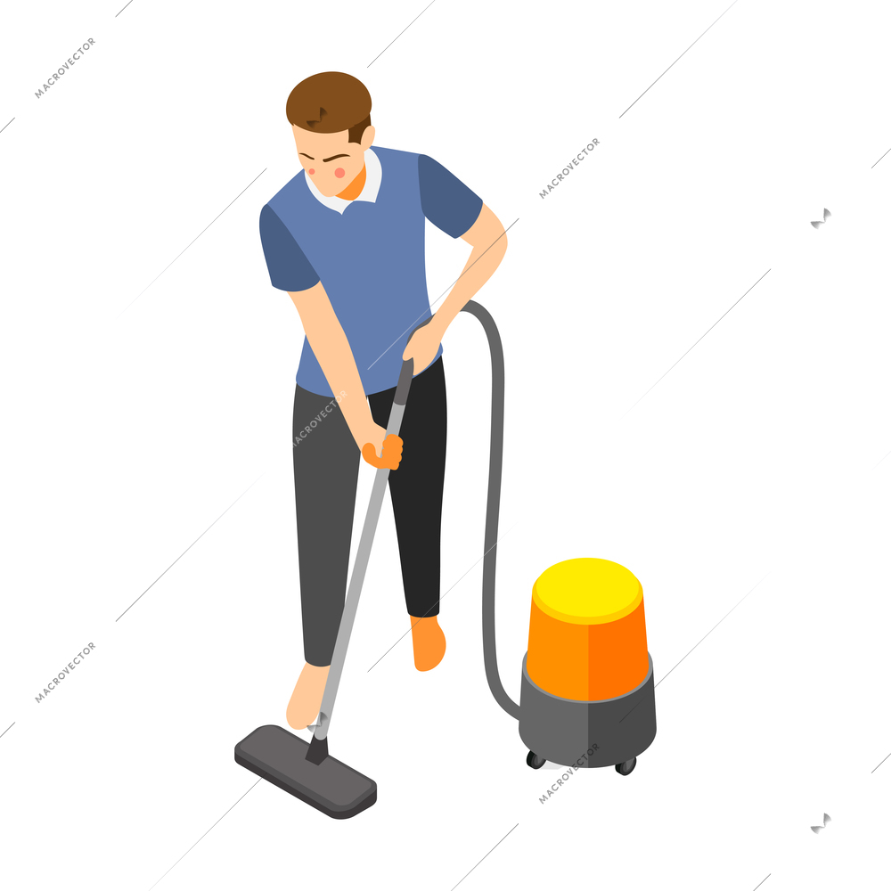 Daily routine isometric icon with man hoovering floor 3d vector illustration
