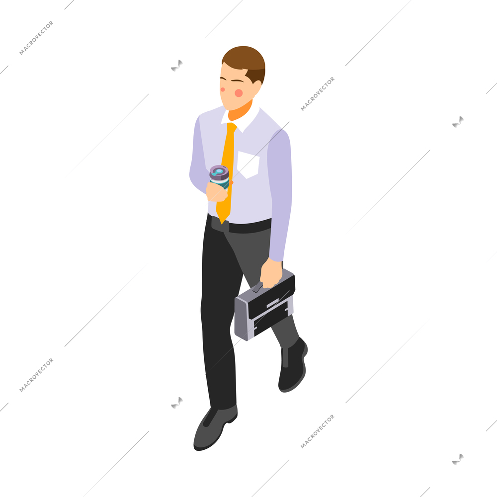 Male office worker with paper cup of coffee and briefcase 3d icon on white background isometric vector illustration