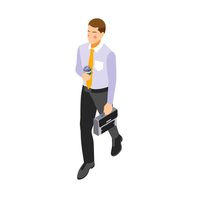 Male office worker with paper cup of coffee and briefcase 3d icon on white background isometric vector illustration