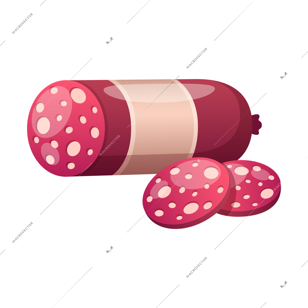 Salami sausage and slices on white background cartoon vector illustration