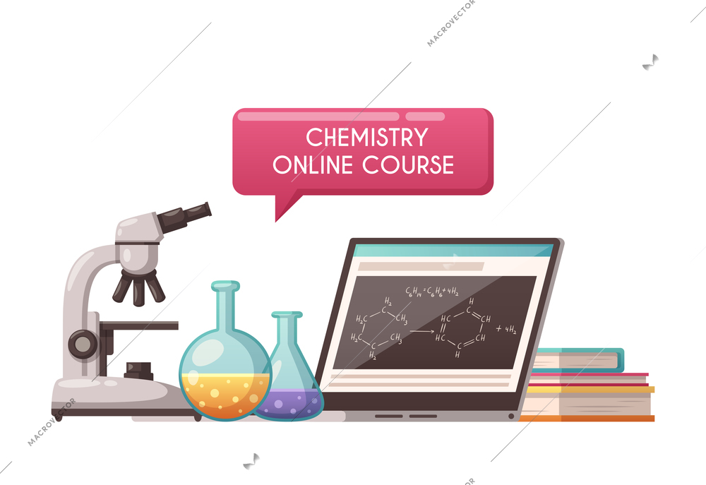 Chemistry online lesson cartoon icon with laptop microscope books and laboratory flasks vector illustration