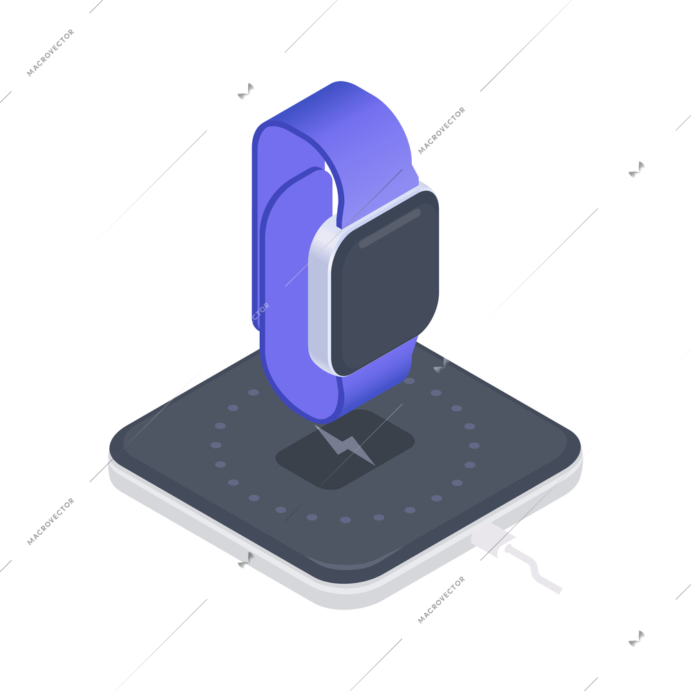 Smartwatch with blue band on wireless charger 3d isometric vector illustration