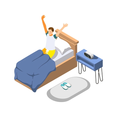Isometric icon with character waking up in his bedroom 3d vector illustration