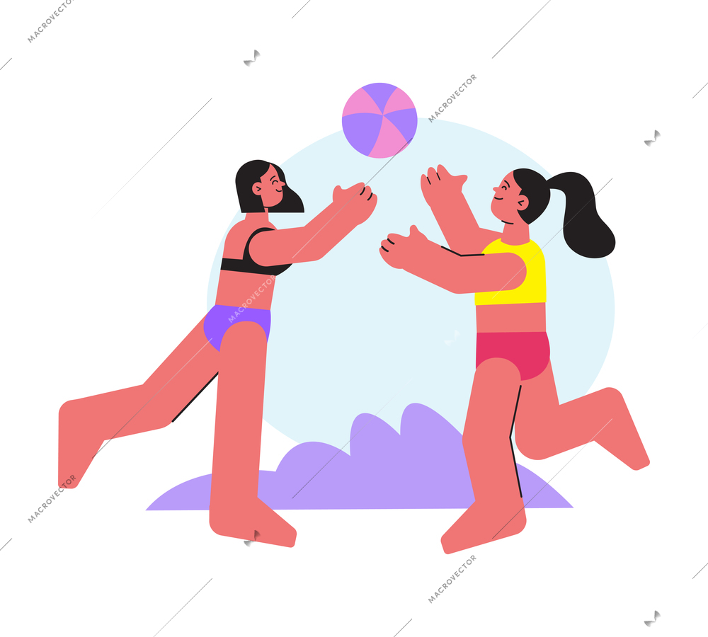 Two women in swimsuits playing beach volleyball flat vector illustration