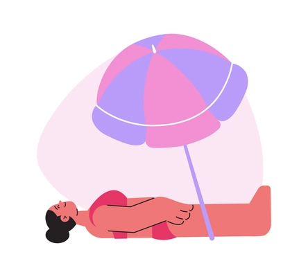 Flat icon of happy woman in swimsuit lying on beach under umbrella vector illustration