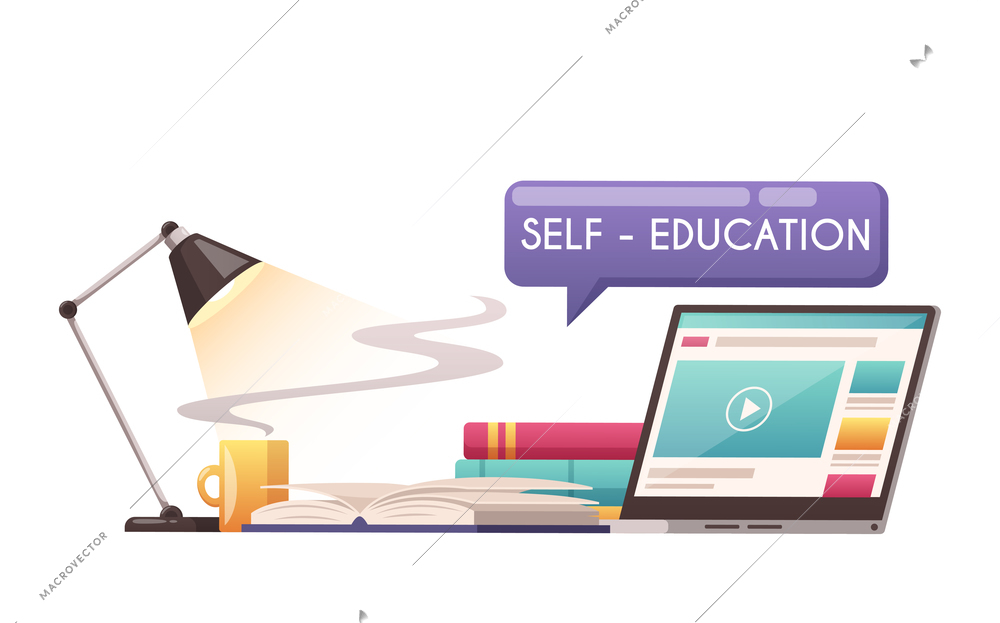 Online self education icon with cartoon laptop books on desk prepared for lesson vector illustration
