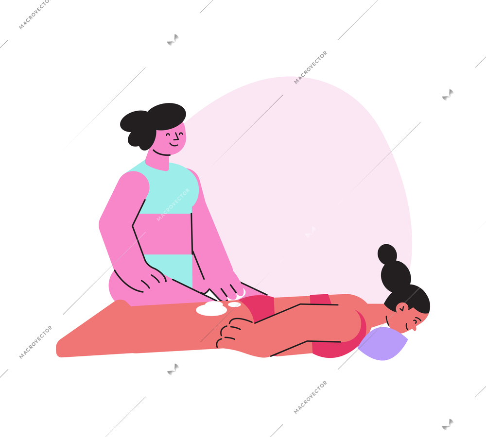 Sun protection flat icon with women applying cream on beach vector illustration
