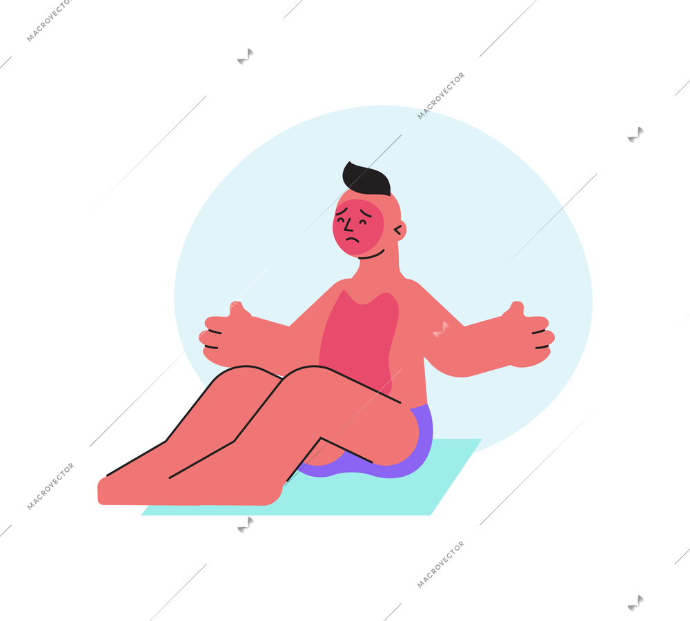 Sad sunburnt character with red face and body on beach flat icon vector illustration