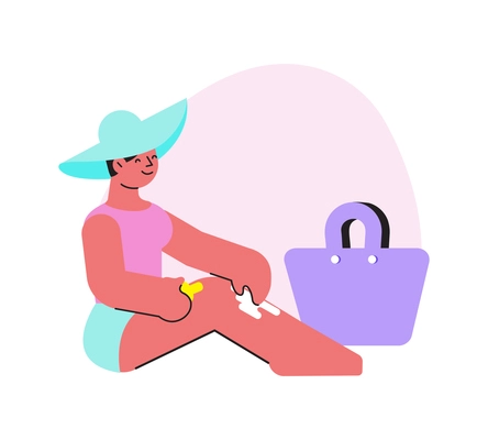 Woman applying sunscreen on her body while sitting on beach flat vector illustration