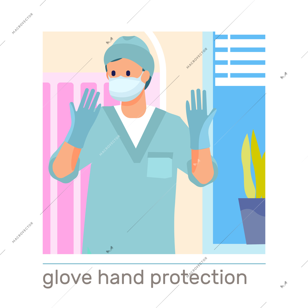 Hand hygiene flat composition with doctor wearing protective medical gloves and mask vector illustration