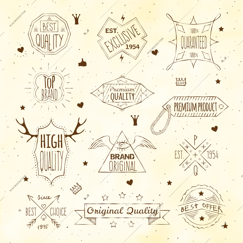 High quality premium products retro vintage  trade brands emblems labels set doodle sepia sketch isolated vector illustration