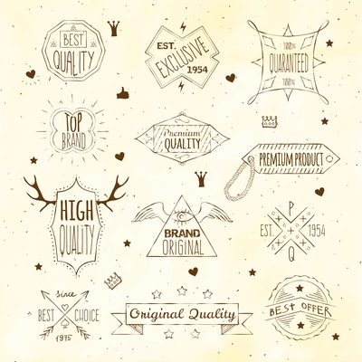 High quality premium products retro vintage  trade brands emblems labels set doodle sepia sketch isolated vector illustration