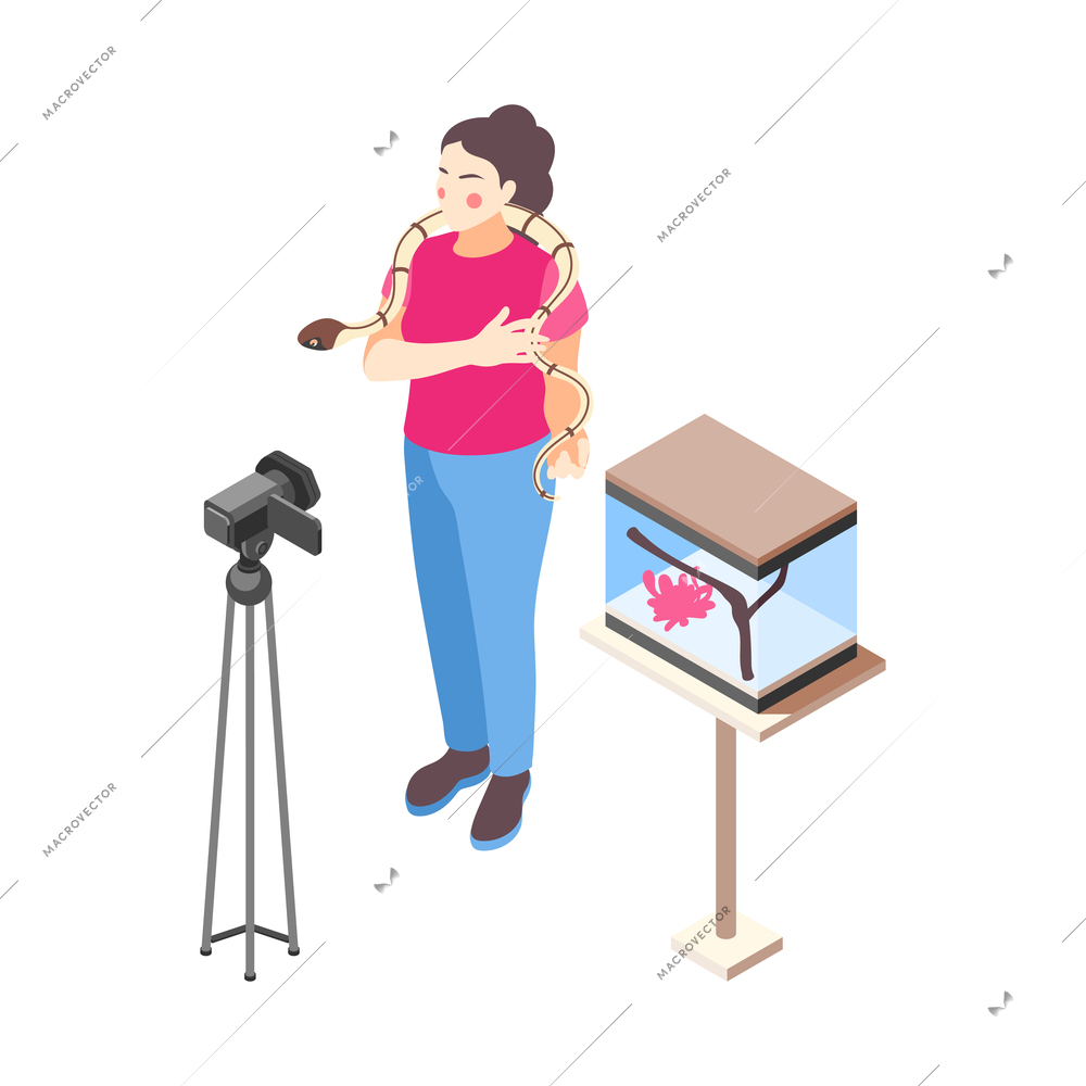 Woman vlogger talking in front of camera about her pet snake isometric vector illustration