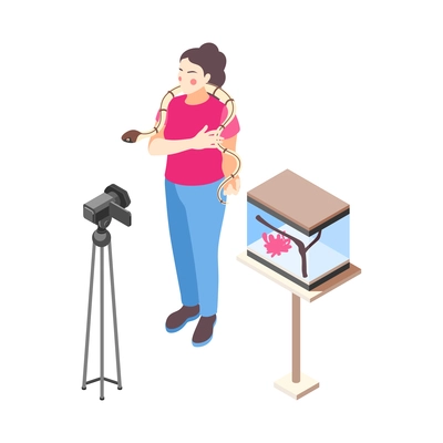 Woman vlogger talking in front of camera about her pet snake isometric vector illustration