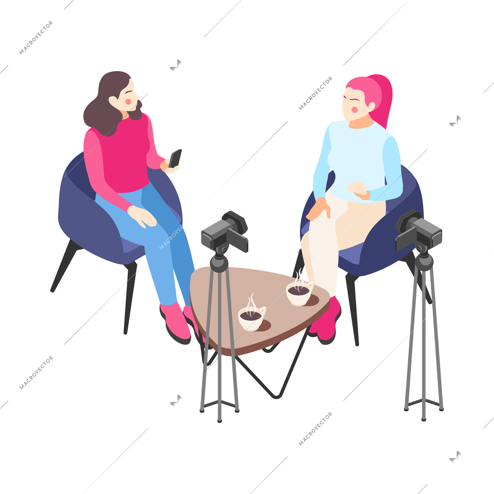 Two video bloggers shooting video while talking in front of cameras isometric vector illustration