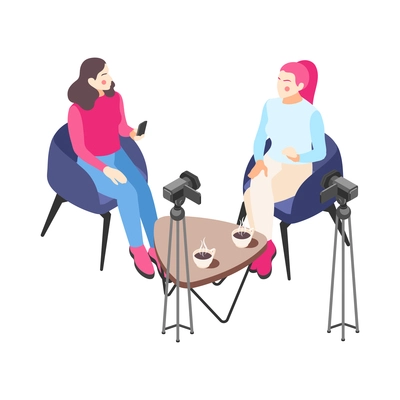 Two video bloggers shooting video while talking in front of cameras isometric vector illustration