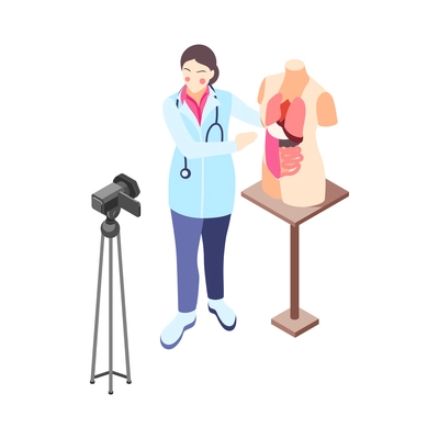 Isometric icon with blogger making educational video about body structure 3d vector illustration