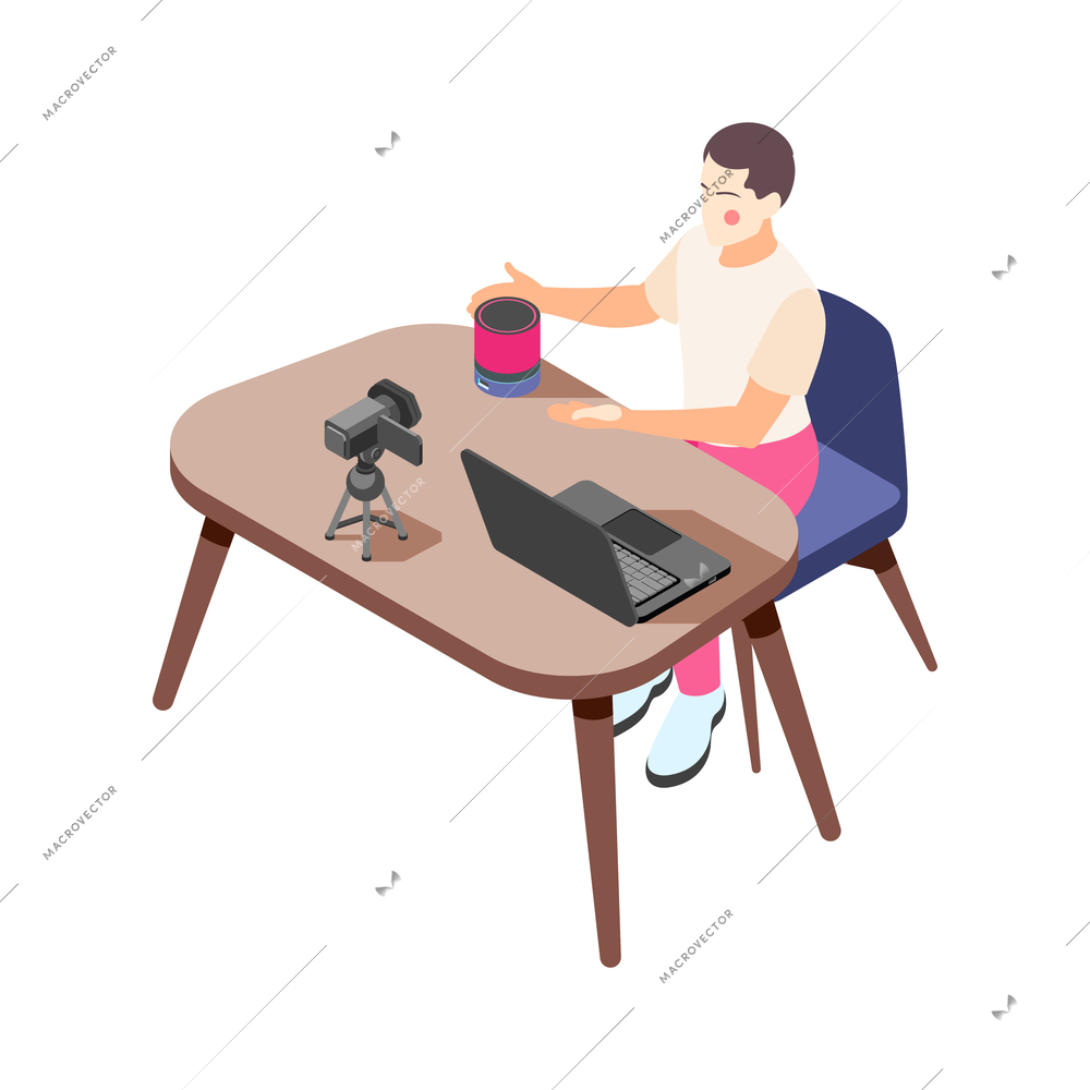 Isometric icon with vlogger making internet content at desk with laptop and camera vector illustration