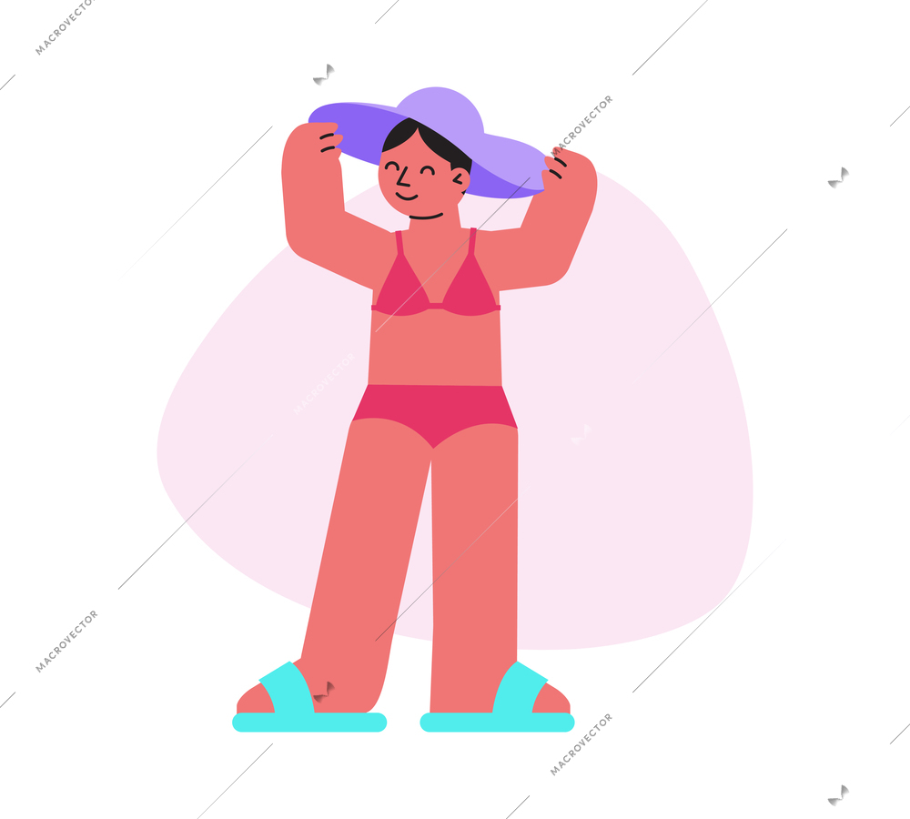 Flat character of woman wearing swimsuit and hat on beach vector illustration