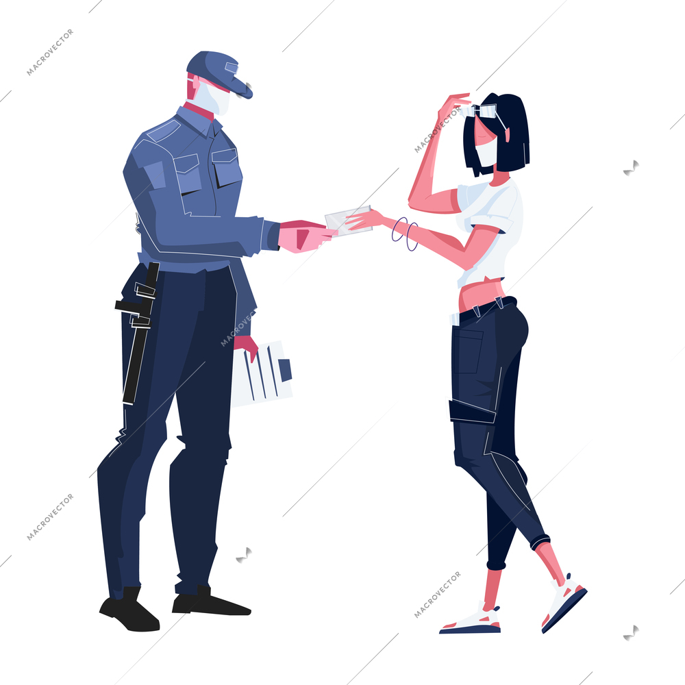 Coronavirus pandemic flat icon with woman and police officer wearing protective masks vector illustration