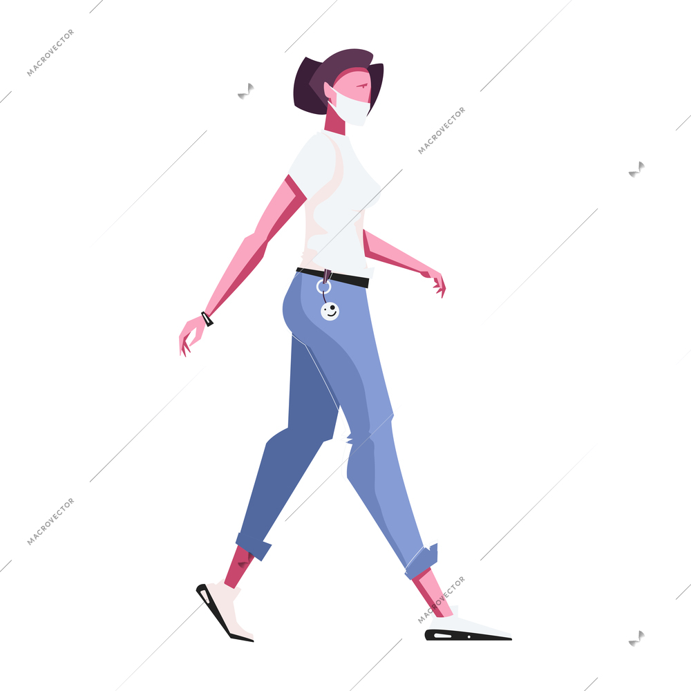 Flat woman character walking in protective mask during pandemic of coronavirus vector illustration