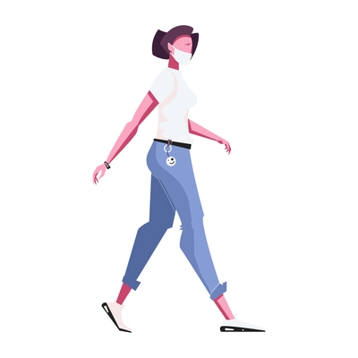 Flat woman character walking in protective mask during pandemic of coronavirus vector illustration