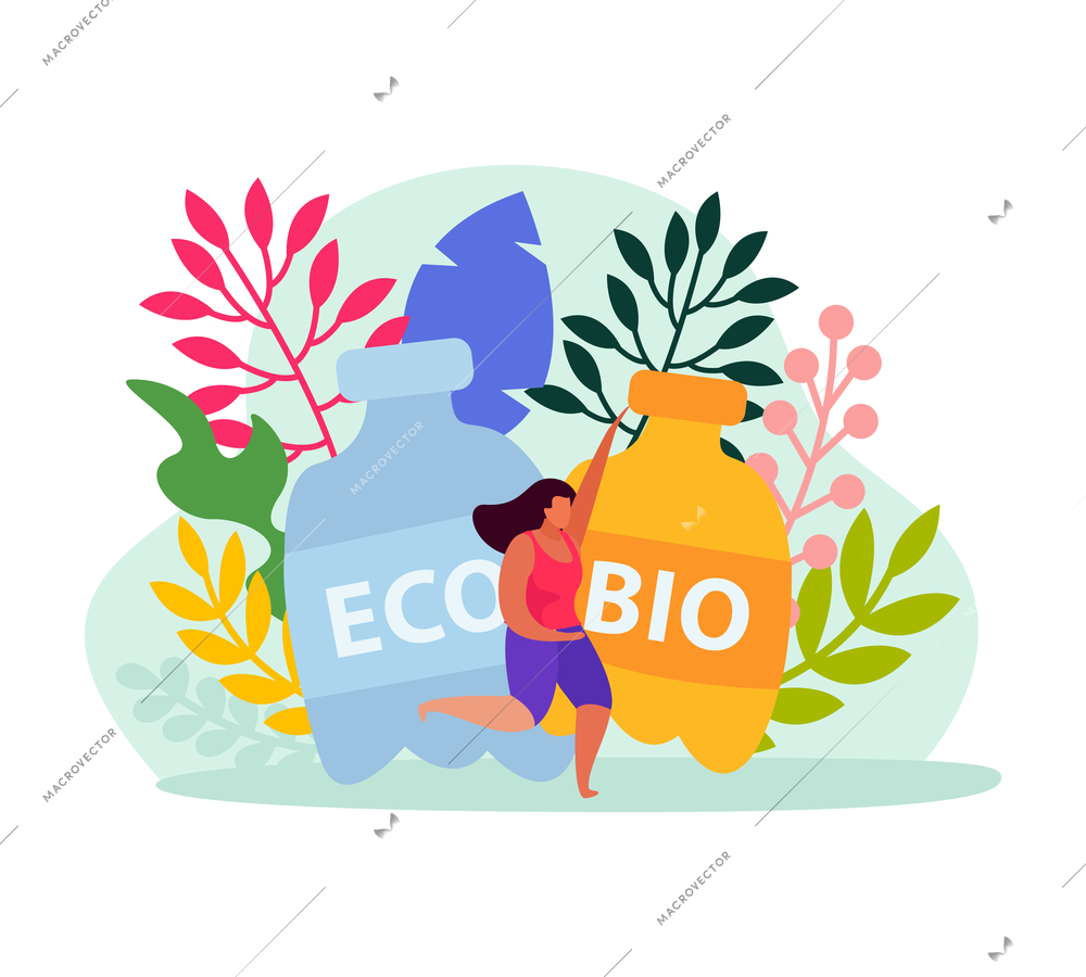 Flat ecology concept icon with eco products plants and human character vector illustration