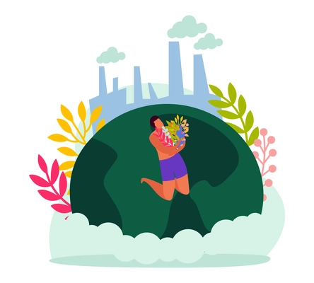 Flat design color ecology icon with factories and character holding bunch of twigs vector illustration