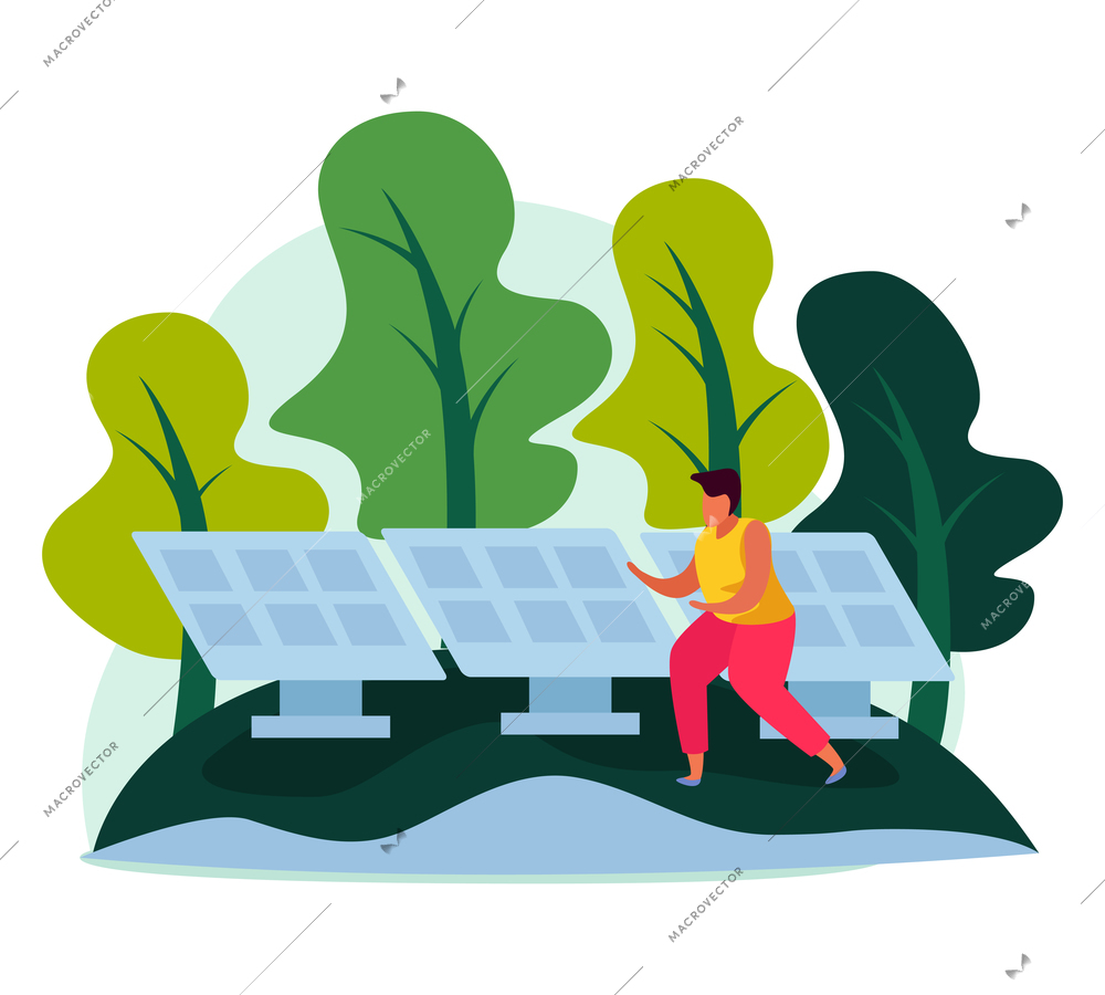Flat ecology composition with solar panels and green forest vector illustration