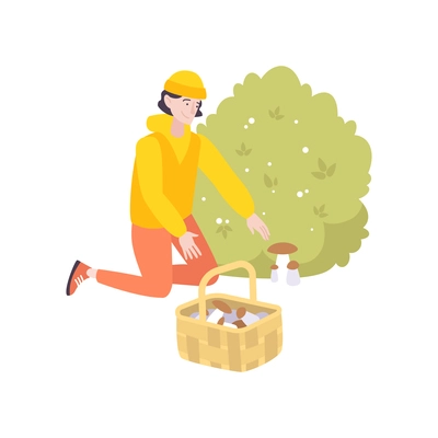 Flat icon with smiling man picking cep mushrooms with basket vector illustration