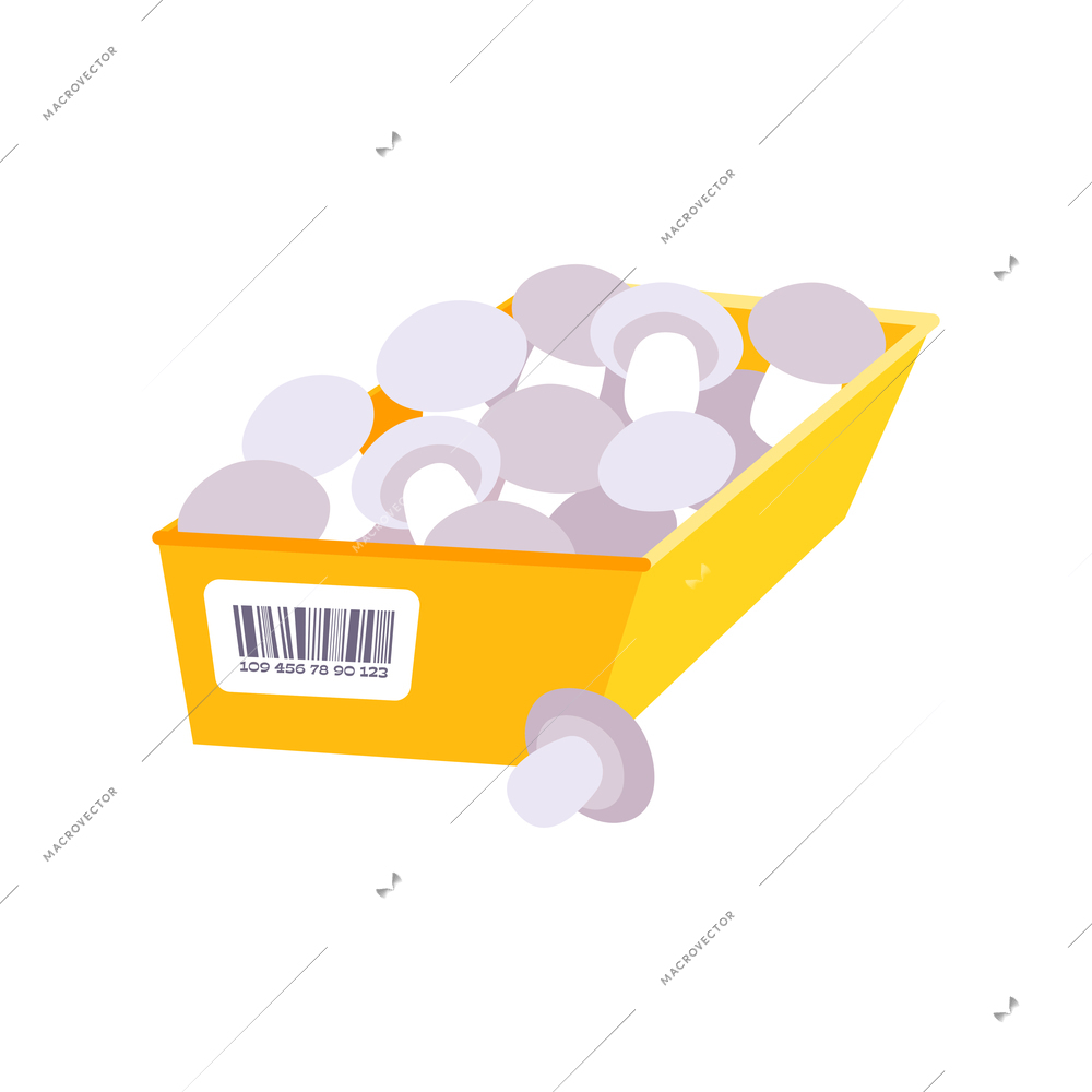 Champignons in yellow container with bar code flat vector illustration