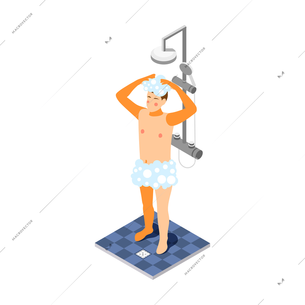 Man having shower with gel isometric icon on white background vector illustration