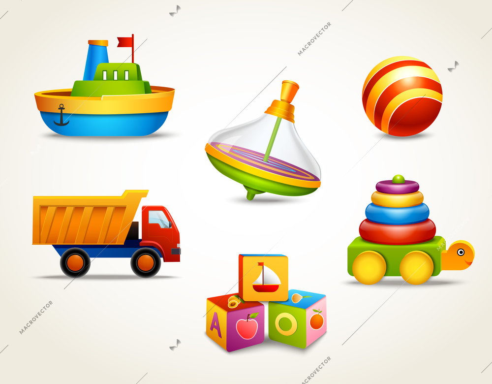 Decorative children toys set of ship ball truck isolated vector illustration