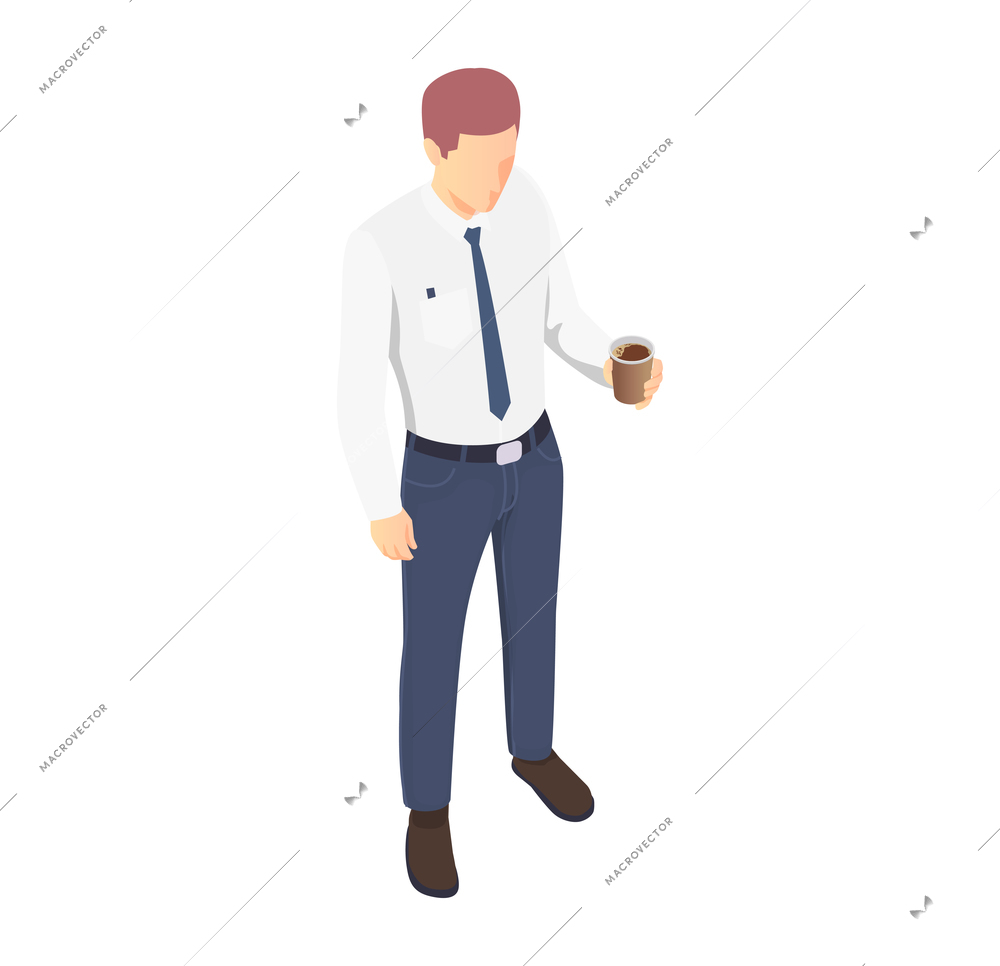Sleepy office worker holding cup of coffee isometric icon vector illustration