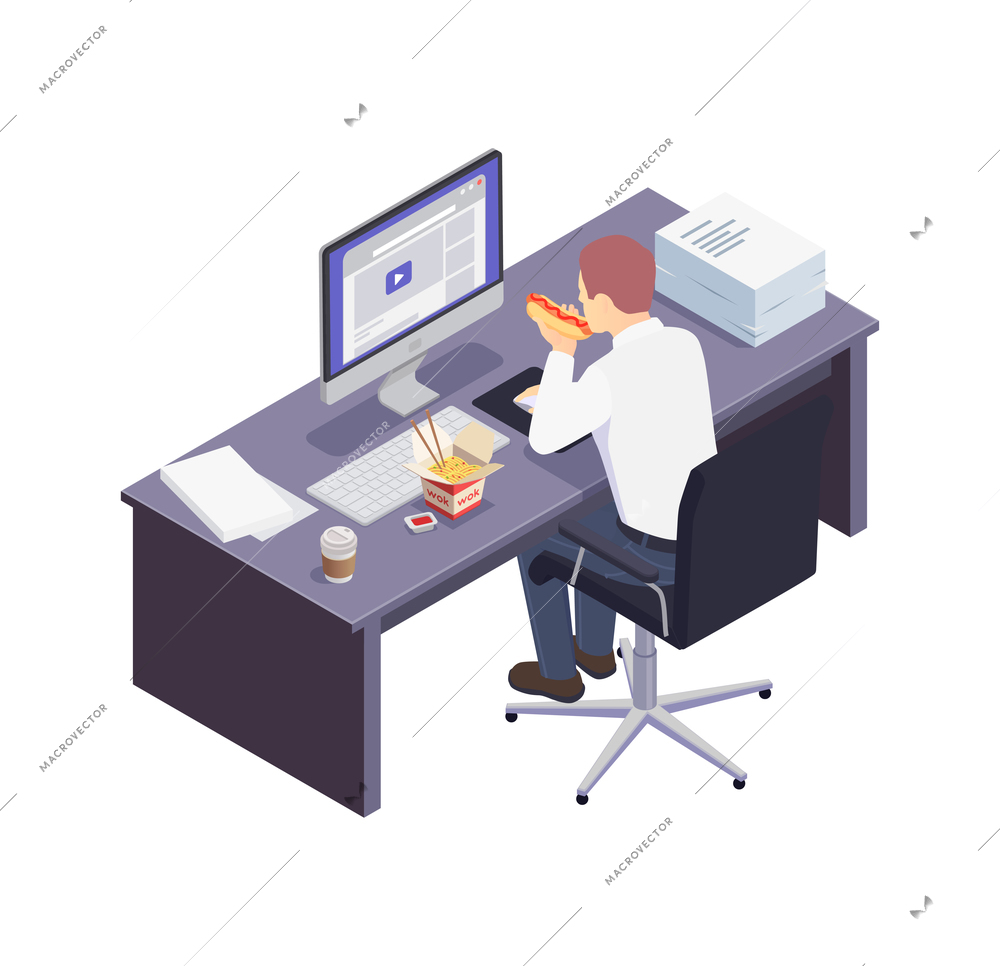 Male office worker eating junk food at his work place isometric vector illustration