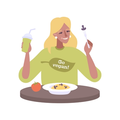 Happy woman with slogan go vegan on shirt eating dish with mushrooms flat vector illustration