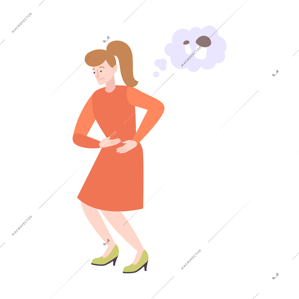 Flat icon with woman suffering from stomachache after eating mushrooms vector illustration