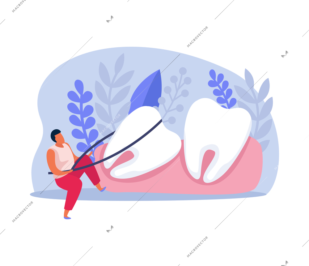 Dental health composition with character trying to straighten crooked teeth flat vector illustration