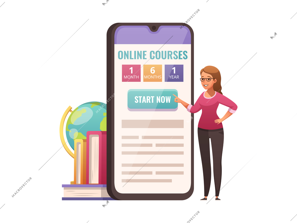 Online educational courses icon with smartphone app and cartoon character of teacher vector illustration