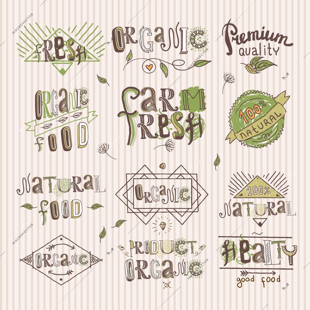 Natural fresh organic premium quality food labels set isolated vector illustration