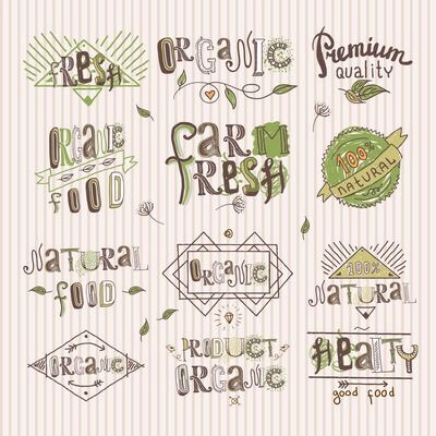 Natural fresh organic premium quality food labels set isolated vector illustration