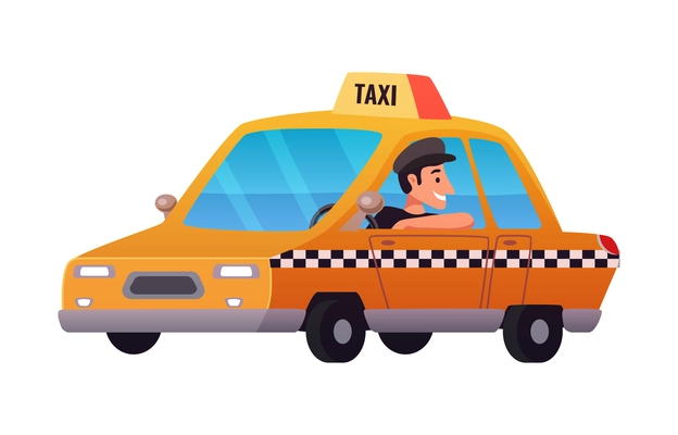 Smiling driver in yellow taxi car flat icon vector illustration