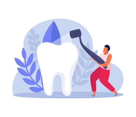 Flat dental health composition with man examining tooth with medical flashlight vector illustration