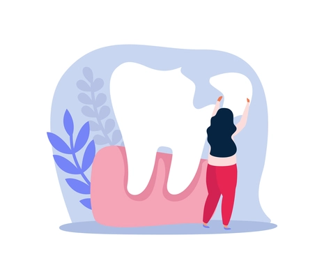 Flat composition with woman holding piece of chipped tooth vector illustration